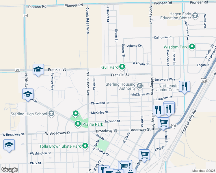 map of restaurants, bars, coffee shops, grocery stores, and more near 1136 North 7th Street in Sterling