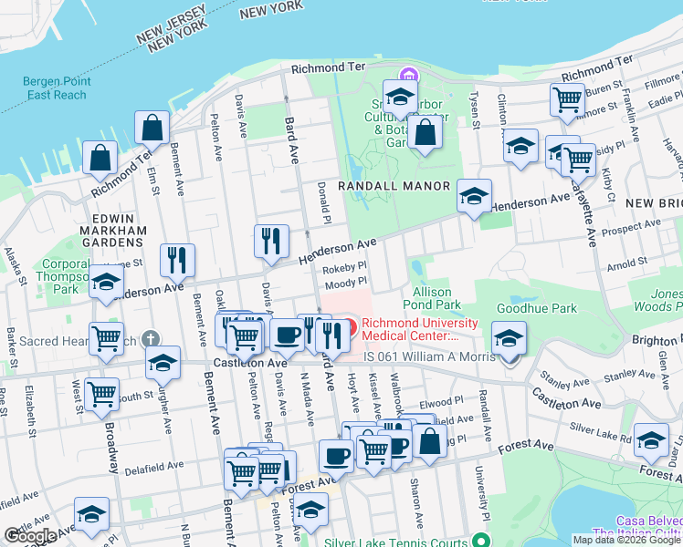 map of restaurants, bars, coffee shops, grocery stores, and more near 34 Rokeby Place in Staten Island