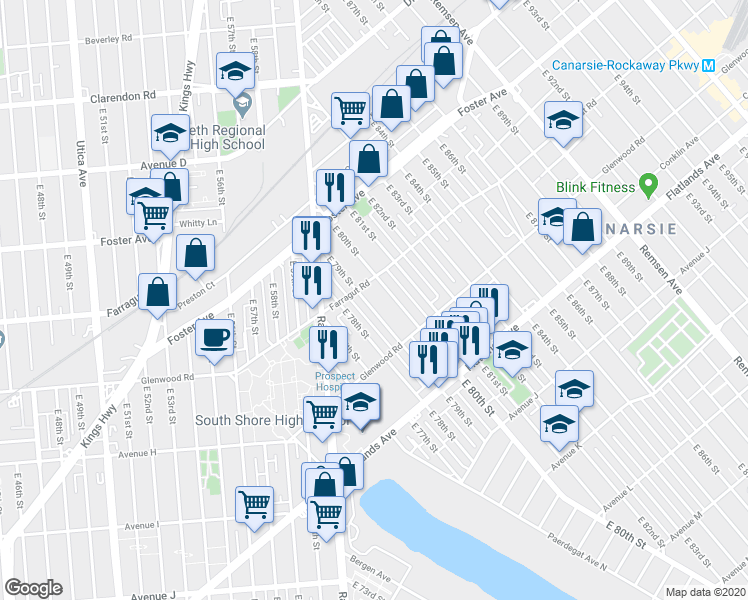 map of restaurants, bars, coffee shops, grocery stores, and more near 623 East 79th Street in Brooklyn