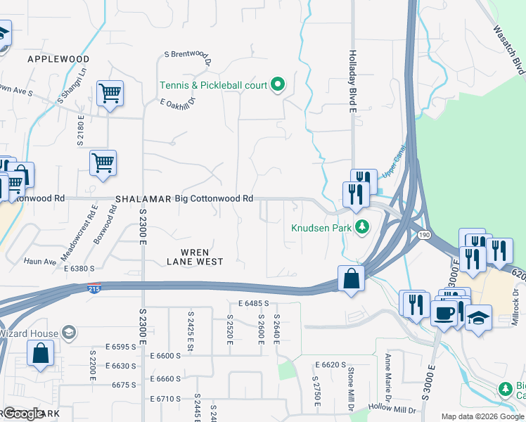 map of restaurants, bars, coffee shops, grocery stores, and more near 2610 6200 South in Holladay
