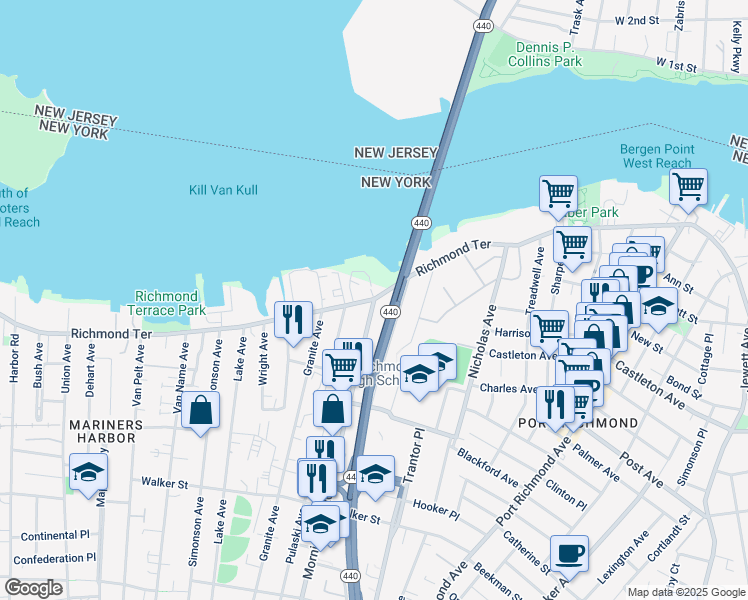 map of restaurants, bars, coffee shops, grocery stores, and more near Richmond Terrace & Morningstar Rd in Staten Island