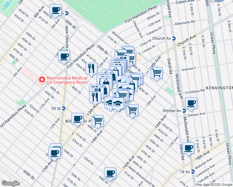 map of restaurants, bars, coffee shops, grocery stores, and more near 1337 43rd Street in Brooklyn