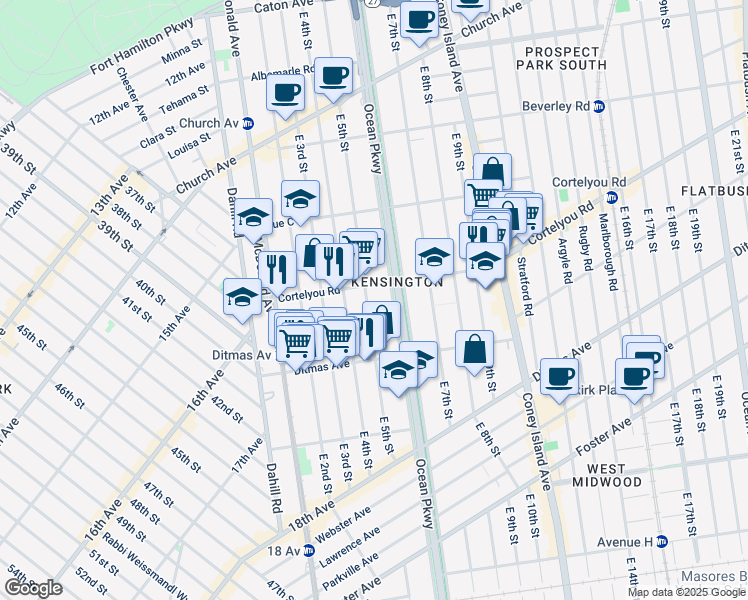 map of restaurants, bars, coffee shops, grocery stores, and more near 583 East 5th Street in Brooklyn