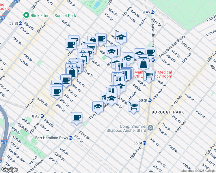 map of restaurants, bars, coffee shops, grocery stores, and more near 959 52nd Street in Brooklyn