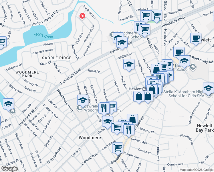 map of restaurants, bars, coffee shops, grocery stores, and more near 1051 Roselle Place in Woodmere