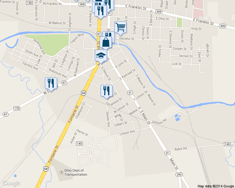 map of restaurants, bars, coffee shops, grocery stores, and more near 804 S Detroit St in Kenton