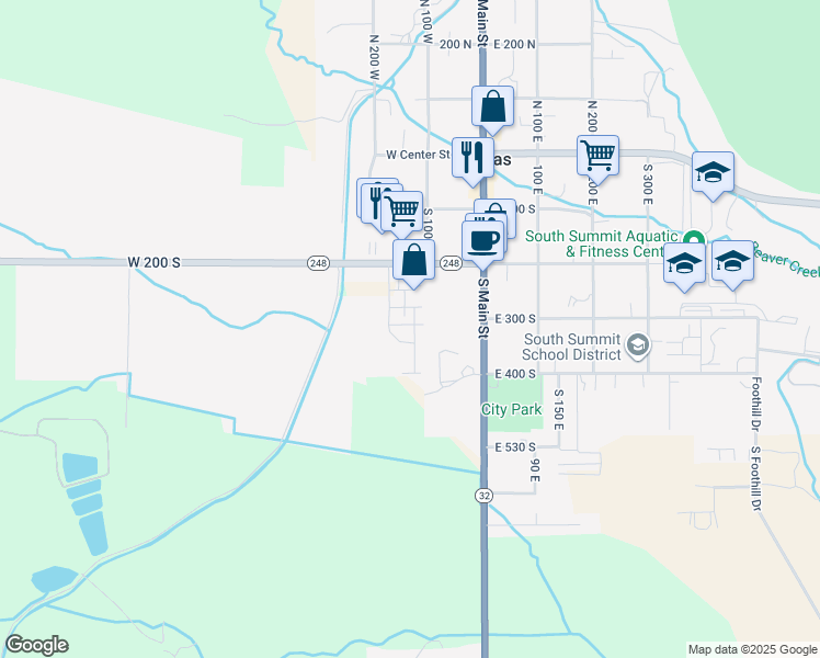 map of restaurants, bars, coffee shops, grocery stores, and more near 342 South 125 West in Kamas