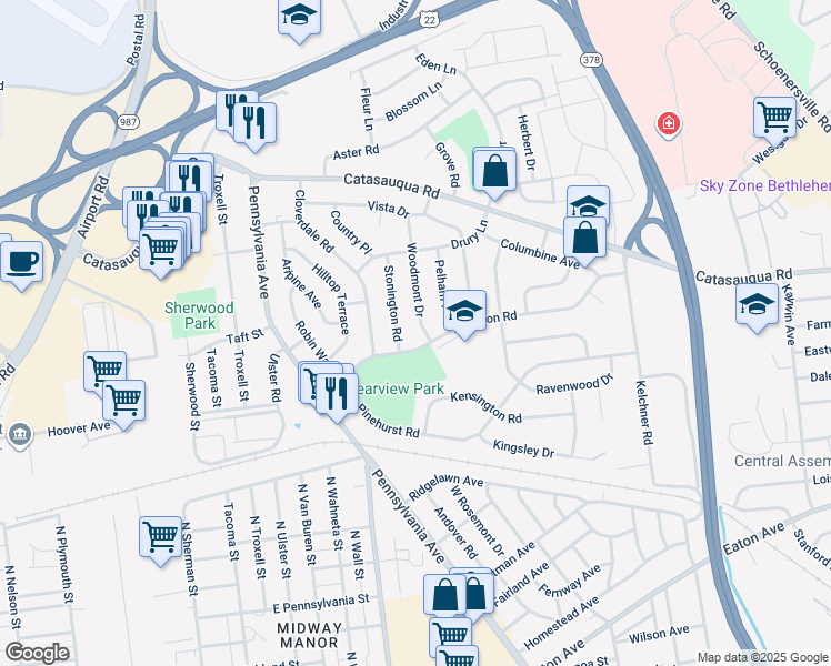map of restaurants, bars, coffee shops, grocery stores, and more near 1813 Woodmont Dr in Bethlehem