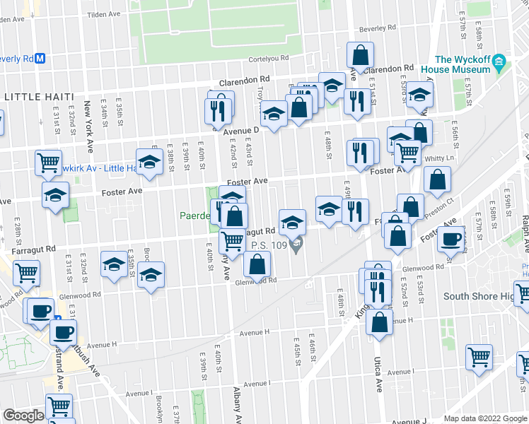 map of restaurants, bars, coffee shops, grocery stores, and more near 1414 Troy Ave in Brooklyn