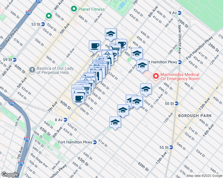map of restaurants, bars, coffee shops, grocery stores, and more near 871 54th Street in Brooklyn
