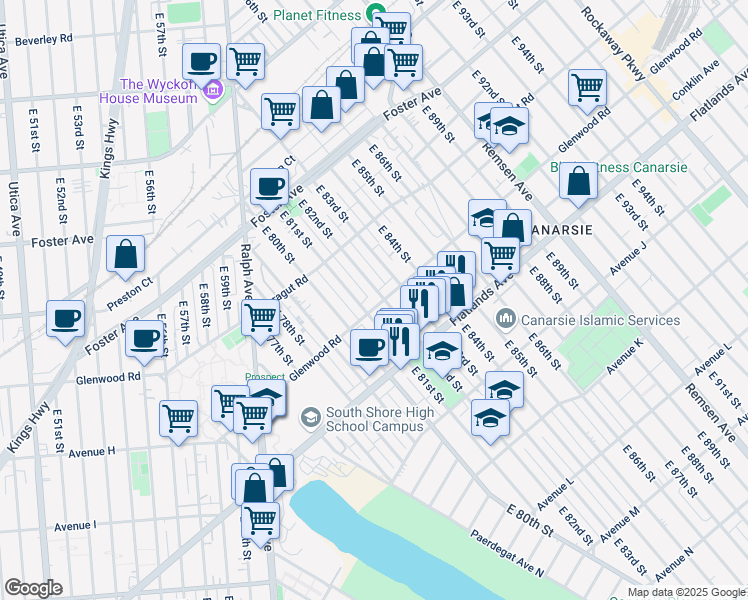 map of restaurants, bars, coffee shops, grocery stores, and more near 8115 Glenwood Road in Brooklyn