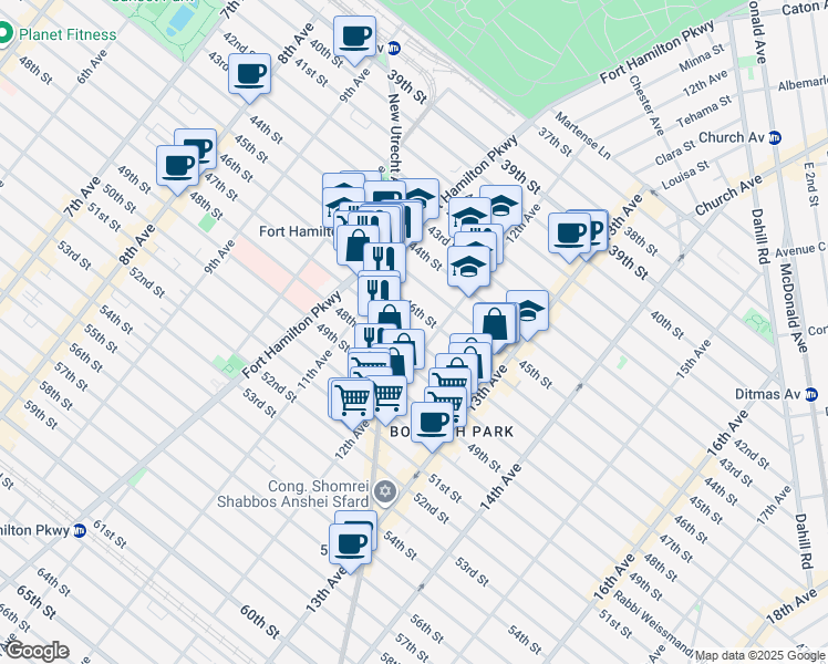 map of restaurants, bars, coffee shops, grocery stores, and more near 1167 47th Street in Brooklyn