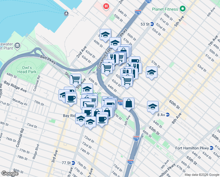 map of restaurants, bars, coffee shops, grocery stores, and more near 427 64th Street in Brooklyn