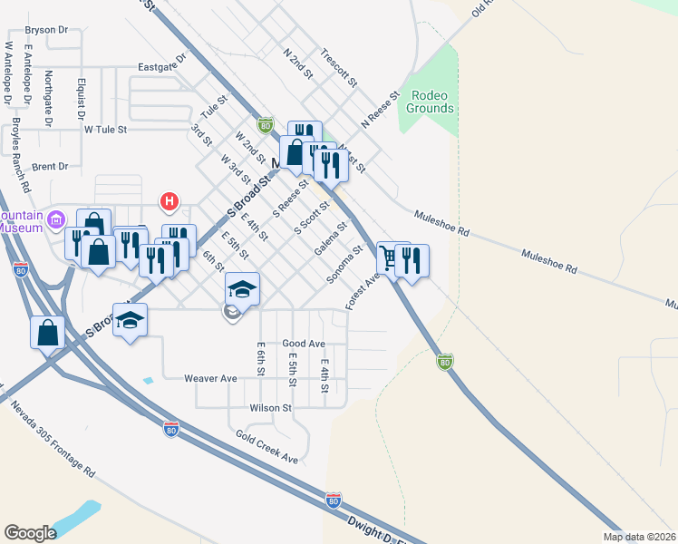 map of restaurants, bars, coffee shops, grocery stores, and more near 401 East 3rd Street in Battle Mountain