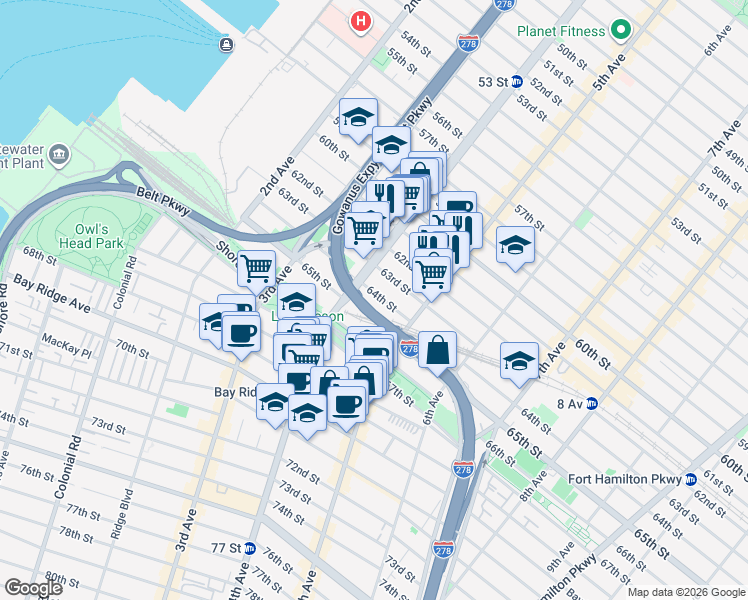 map of restaurants, bars, coffee shops, grocery stores, and more near 416 64th Street in Brooklyn