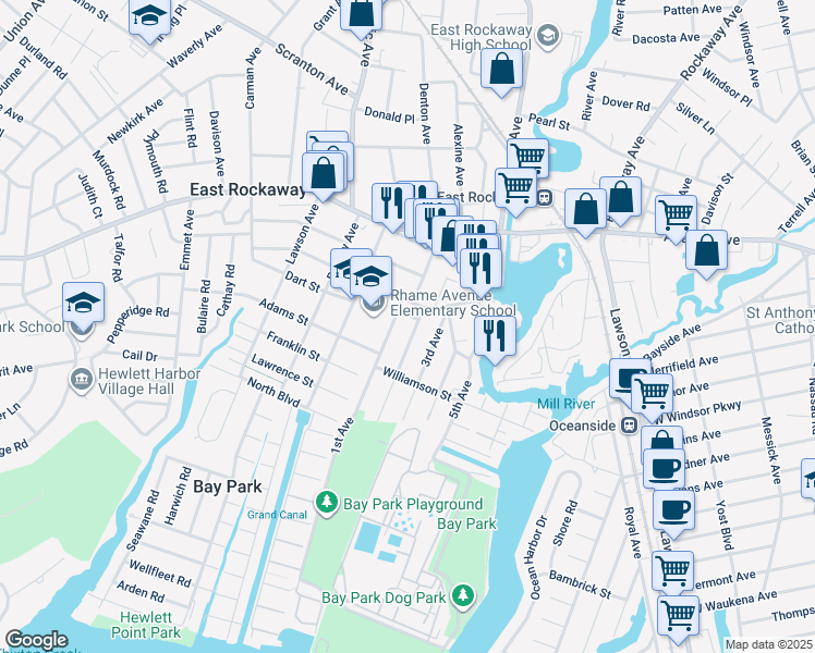 map of restaurants, bars, coffee shops, grocery stores, and more near 10 2nd Avenue in East Rockaway