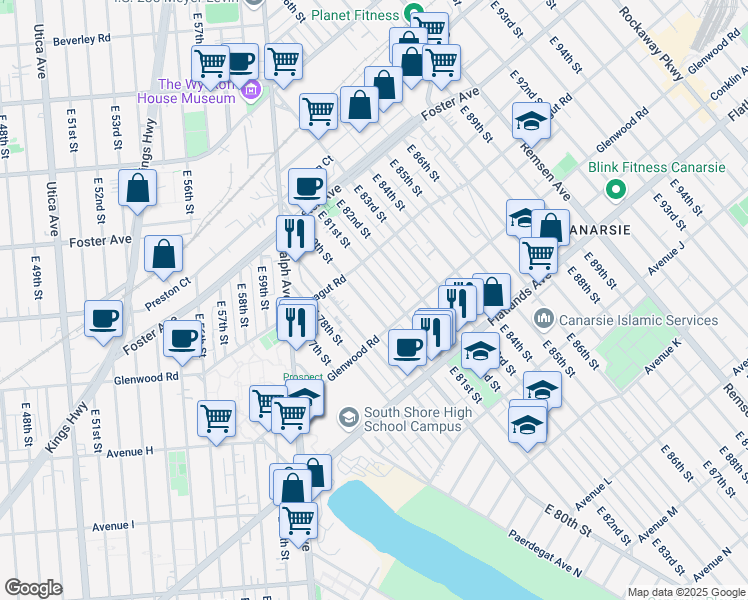 map of restaurants, bars, coffee shops, grocery stores, and more near 649 E 80th St in Brooklyn