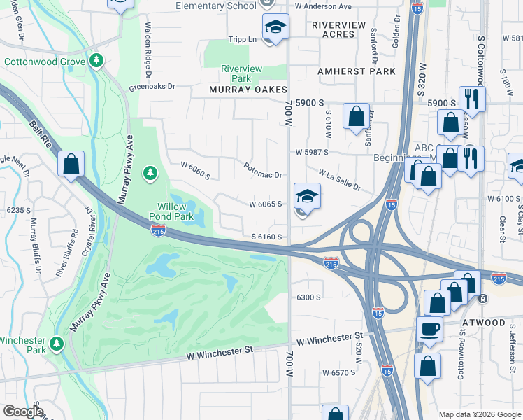 map of restaurants, bars, coffee shops, grocery stores, and more near 745 River Glen Drive in Murray