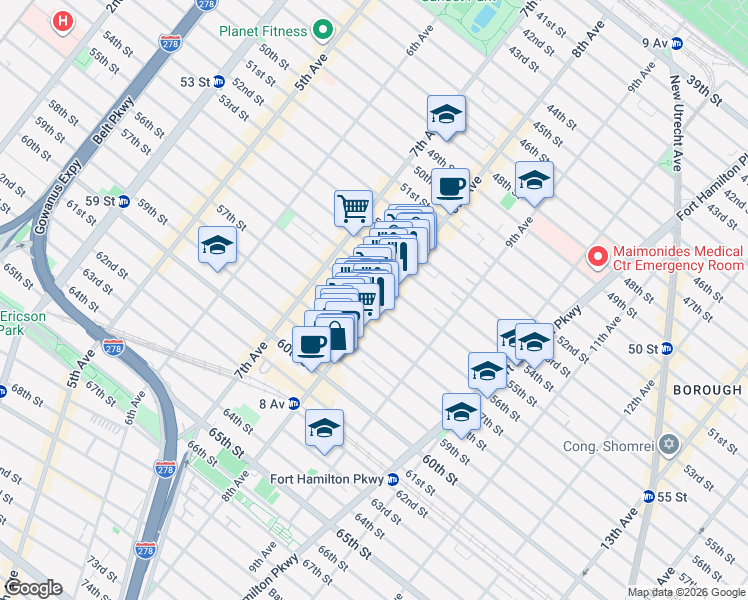 map of restaurants, bars, coffee shops, grocery stores, and more near 5524 8th Avenue in Brooklyn