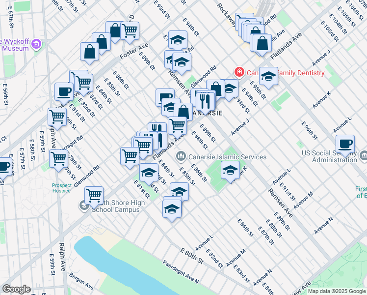 map of restaurants, bars, coffee shops, grocery stores, and more near 927 East 86th Street in Brooklyn