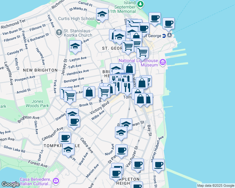 map of restaurants, bars, coffee shops, grocery stores, and more near 72 Victory Boulevard in Staten Island