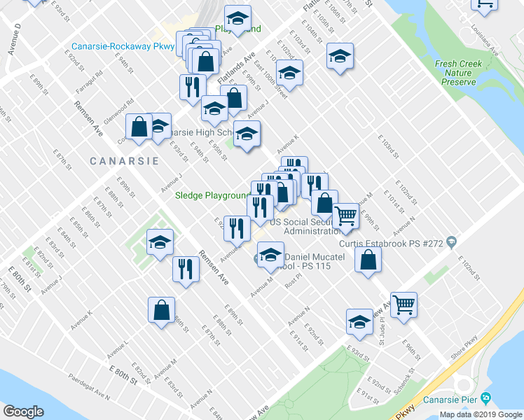 map of restaurants, bars, coffee shops, grocery stores, and more near 1382 East 95th Street in Brooklyn