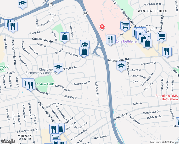 map of restaurants, bars, coffee shops, grocery stores, and more near 1559 Kelchner Road in Bethlehem