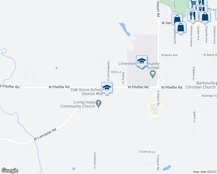 map of restaurants, bars, coffee shops, grocery stores, and more near 6122 Pfeiffer Road in Bartonville