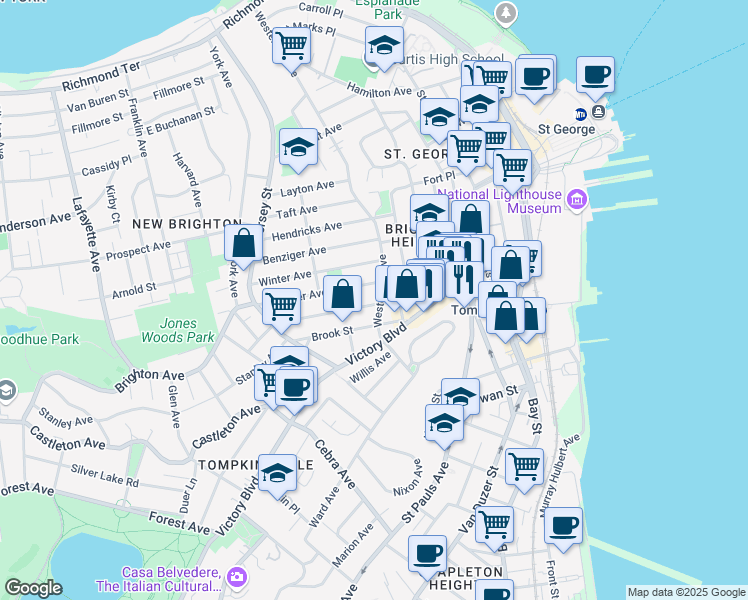 map of restaurants, bars, coffee shops, grocery stores, and more near 416 Westervelt Avenue in Staten Island