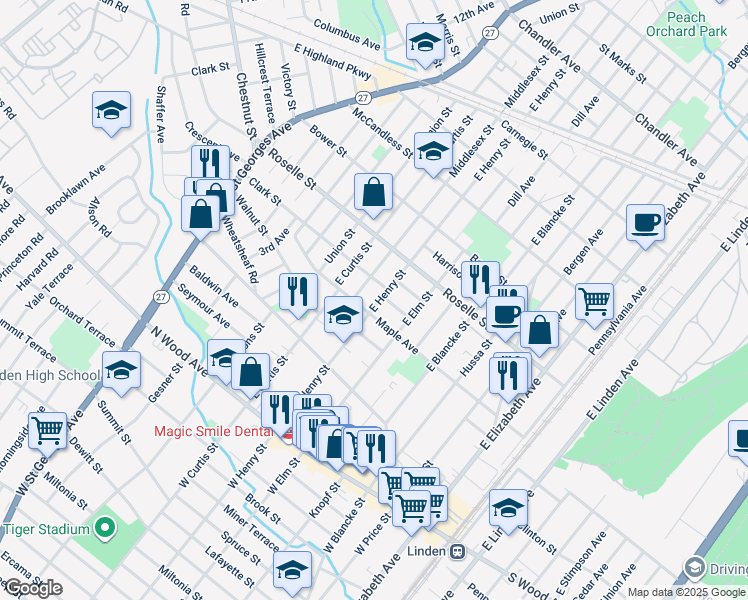 map of restaurants, bars, coffee shops, grocery stores, and more near 511 East Henry Street in Linden