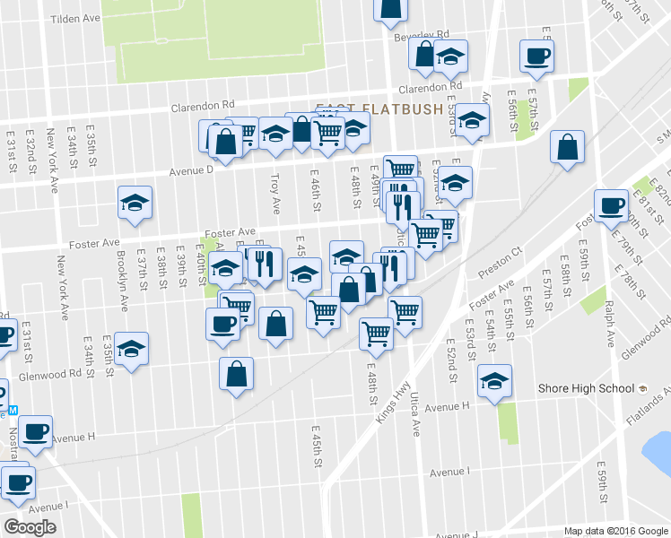 map of restaurants, bars, coffee shops, grocery stores, and more near 1422 Schenectady Avenue in Brooklyn