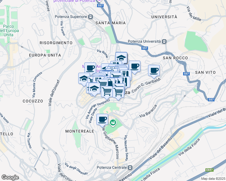 map of restaurants, bars, coffee shops, grocery stores, and more near 8 Vico assisi in Potenza