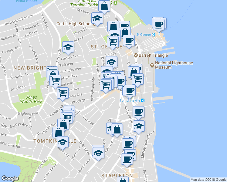 map of restaurants, bars, coffee shops, grocery stores, and more near 72 Victory Boulevard in Staten Island
