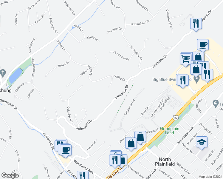 map of restaurants, bars, coffee shops, grocery stores, and more near 20 Hyde Circle in Watchung