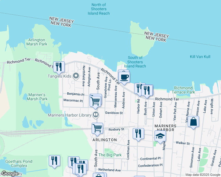 map of restaurants, bars, coffee shops, grocery stores, and more near 57 Post Ln in Staten Island