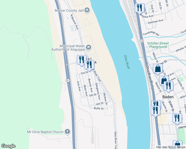 map of restaurants, bars, coffee shops, grocery stores, and more near 311 Allegheny Avenue in Aliquippa
