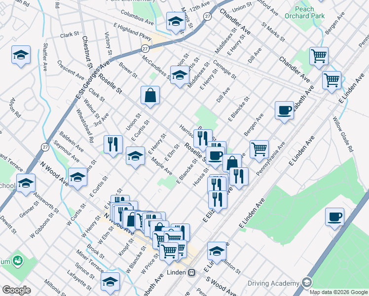 map of restaurants, bars, coffee shops, grocery stores, and more near 609 Roselle Street in Linden