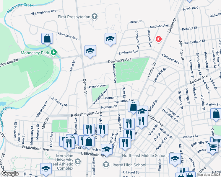 map of restaurants, bars, coffee shops, grocery stores, and more near 1772 Memorial Avenue in Bethlehem