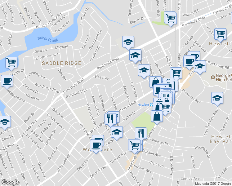map of restaurants, bars, coffee shops, grocery stores, and more near 1051 Roselle Place in Woodmere