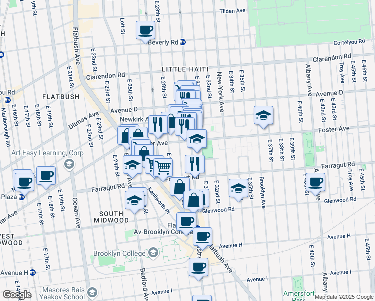 map of restaurants, bars, coffee shops, grocery stores, and more near 1950 Nostrand Avenue in Brooklyn
