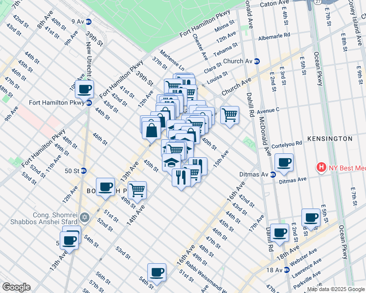 map of restaurants, bars, coffee shops, grocery stores, and more near 1373 42nd Street in Brooklyn