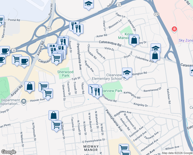 map of restaurants, bars, coffee shops, grocery stores, and more near 1839 Hilltop Terrace in Bethlehem