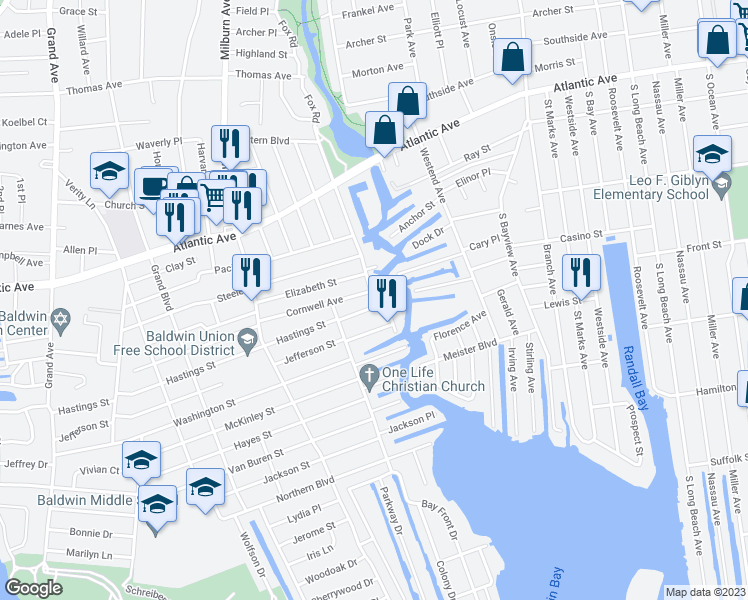 map of restaurants, bars, coffee shops, grocery stores, and more near 1143 Hastings Parkway in Baldwin