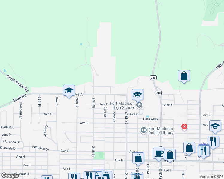 map of restaurants, bars, coffee shops, grocery stores, and more near 112 Cherokee Lane in Fort Madison
