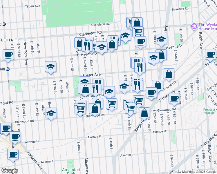 map of restaurants, bars, coffee shops, grocery stores, and more near 949 East 45th Street in Brooklyn