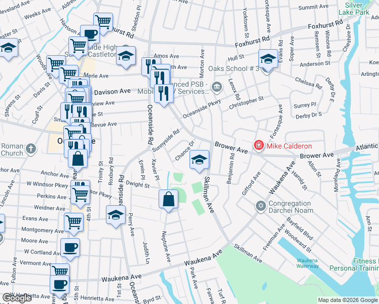 map of restaurants, bars, coffee shops, grocery stores, and more near 240 Chance Drive in Oceanside