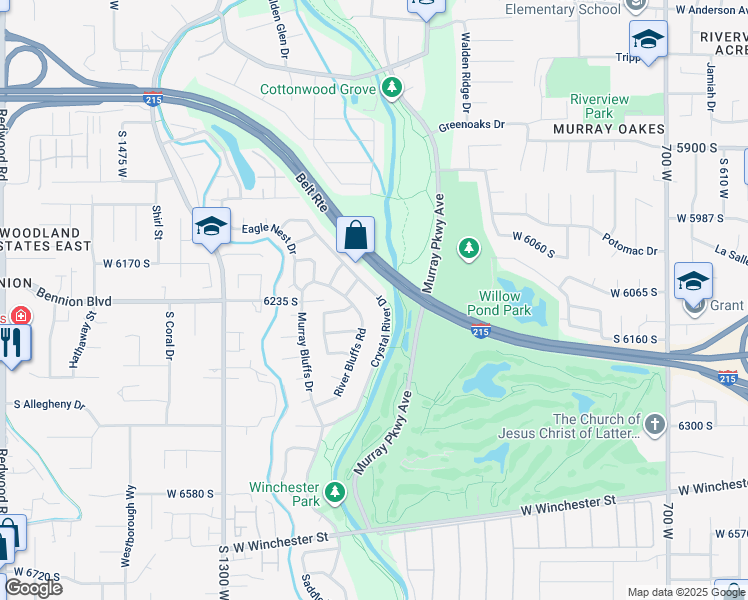 map of restaurants, bars, coffee shops, grocery stores, and more near 6238 South 1180 West in Murray