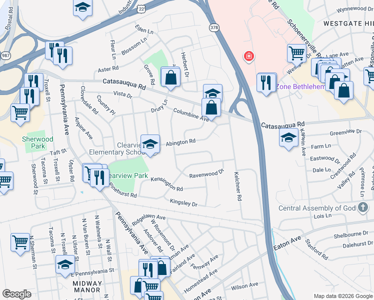 map of restaurants, bars, coffee shops, grocery stores, and more near 1972 Collingswood Drive in Bethlehem