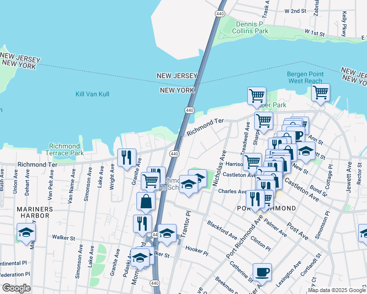 map of restaurants, bars, coffee shops, grocery stores, and more near 15 Newark Avenue in Staten Island