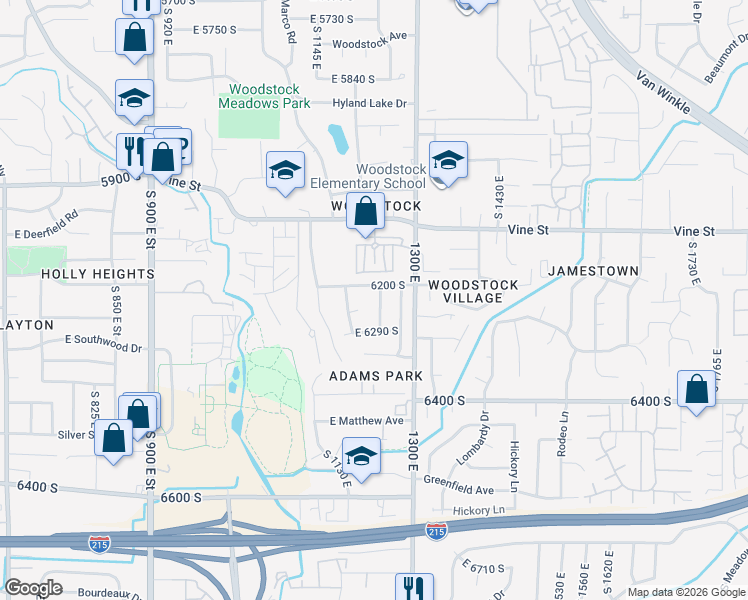 map of restaurants, bars, coffee shops, grocery stores, and more near 6230 South 1250 East in Murray